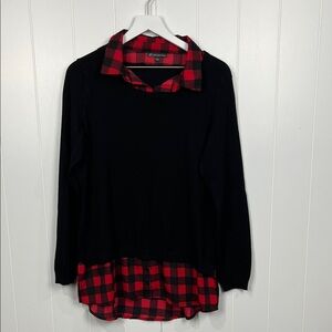 Adrianna Papell Womens Mock Up Tunic L Red & Black Buffalo Plaid Pullover Classy